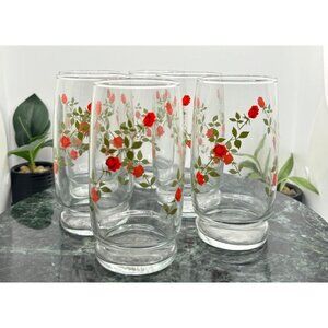 Vintage Set of 6 Red Rose Floral 16oz Anchor Hocking Glass Tumblers
